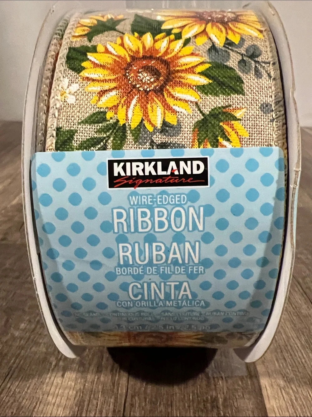 Kirkland Signature Sunflower Decorative Wired Ribbon - Yellow & Green on Natural